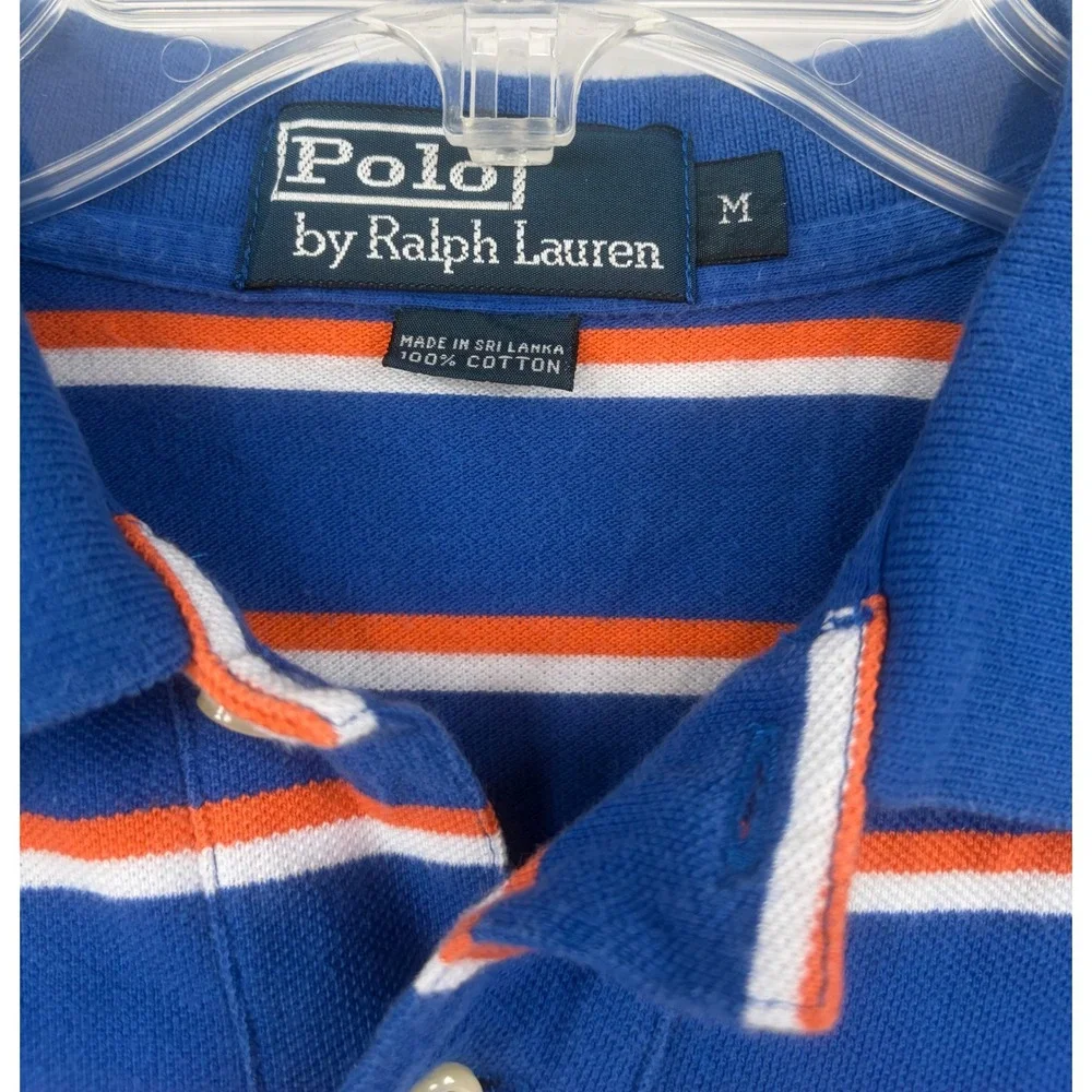 Polo Ralph Lauren Mens Blue Orange‎ Striped Cotton Pique Polo Golf Shirt